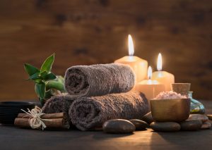 towels and candles at a hotel spa